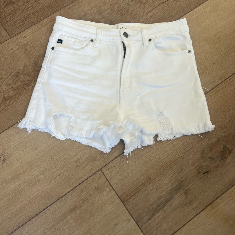 KanCan White Frayed Hem High Rise Denim Shorts